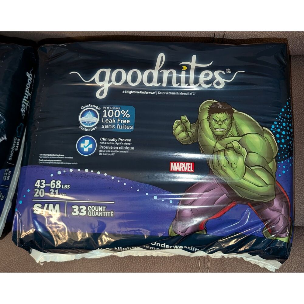 Goodnights Boys' Nighttime Bedwetting Disposable Underwear Size S/M 99 ct Hulk